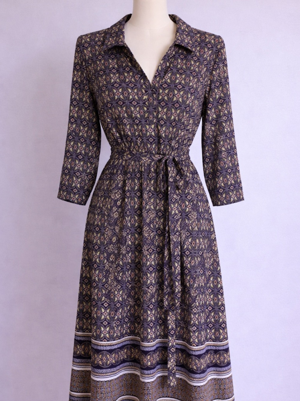 Patterned Long Button-Up Shirt Dress in Navy and Cream 3X
